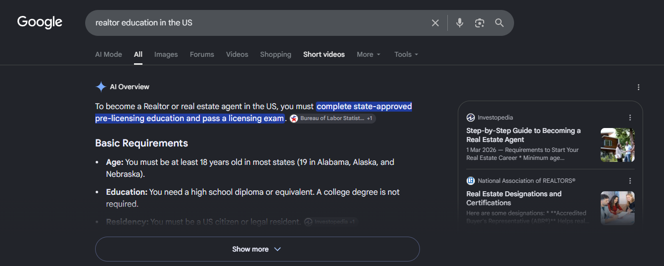 Example of a Google AI Overview answering a search query with cited sources