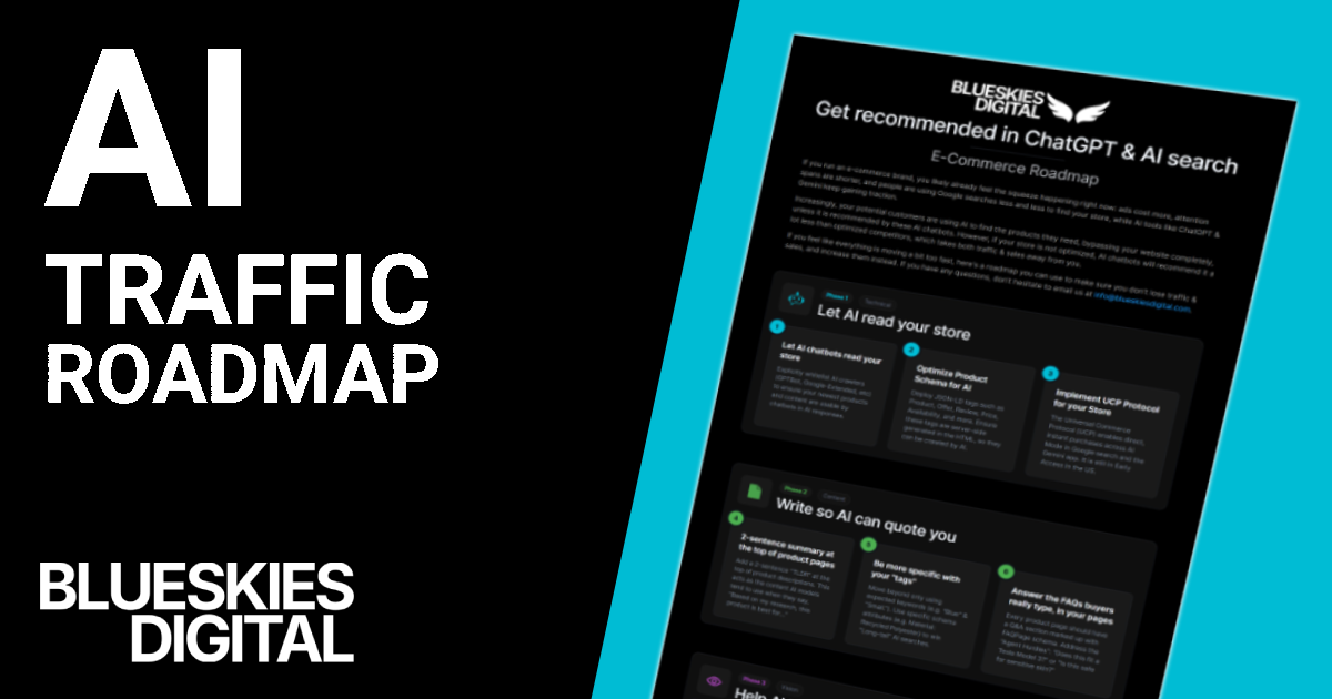 Preview of the BlueSkies Digital AI Traffic Roadmap for e‑commerce: technical and content phases for AI search.
